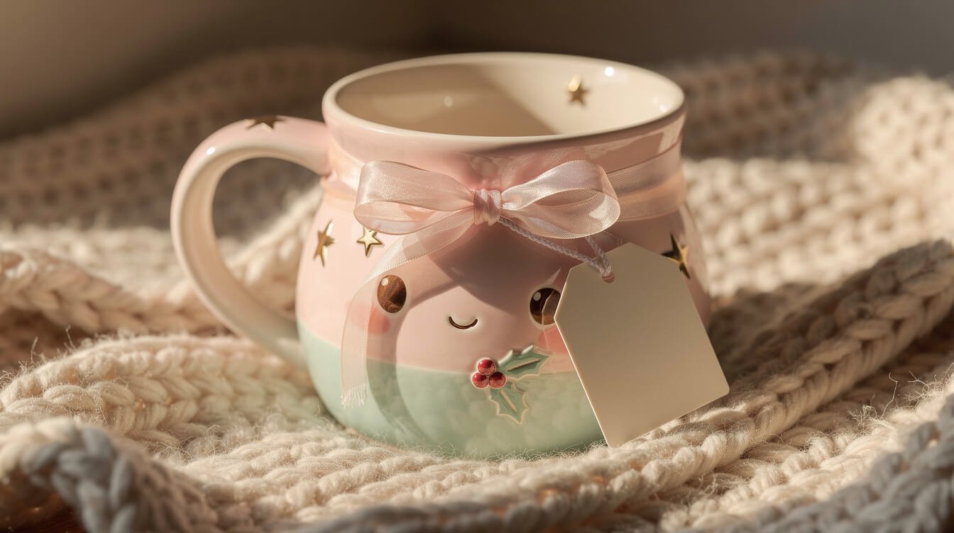 a cute pastel Christmas mug wrapped with a soft ribbon as a small gift