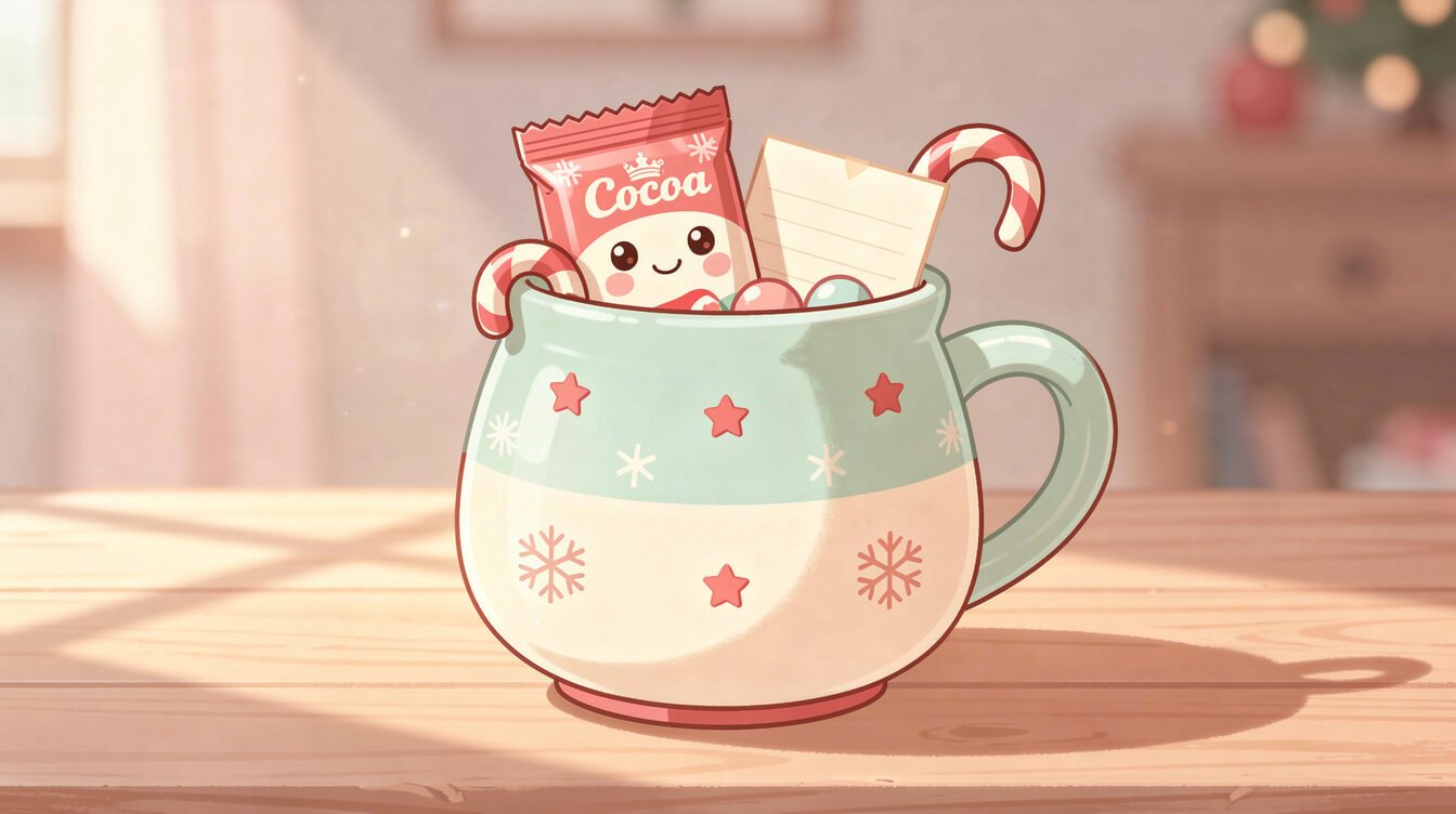 a cute Christmas mug filled with a wrapped cocoa packet, a candy cane, and a small note