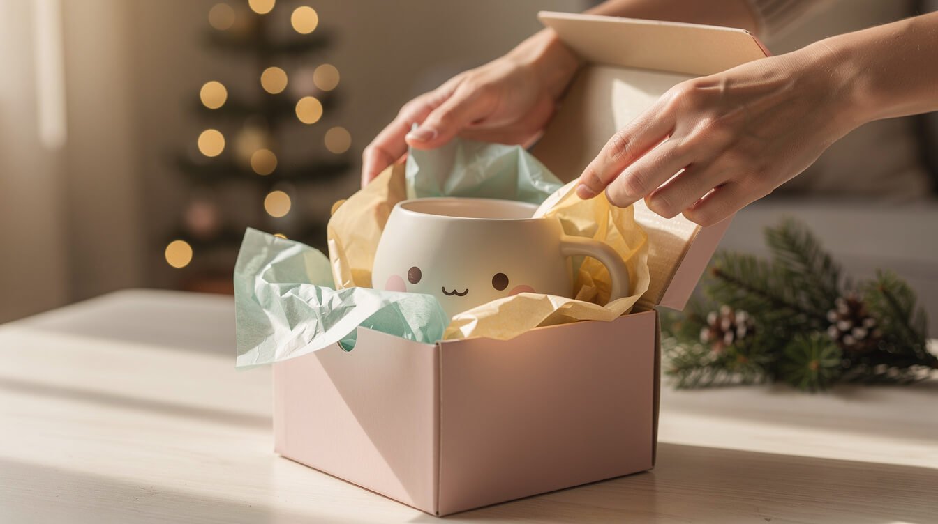 a cute ceramic mug being nestled into a gift box with soft tissue paper