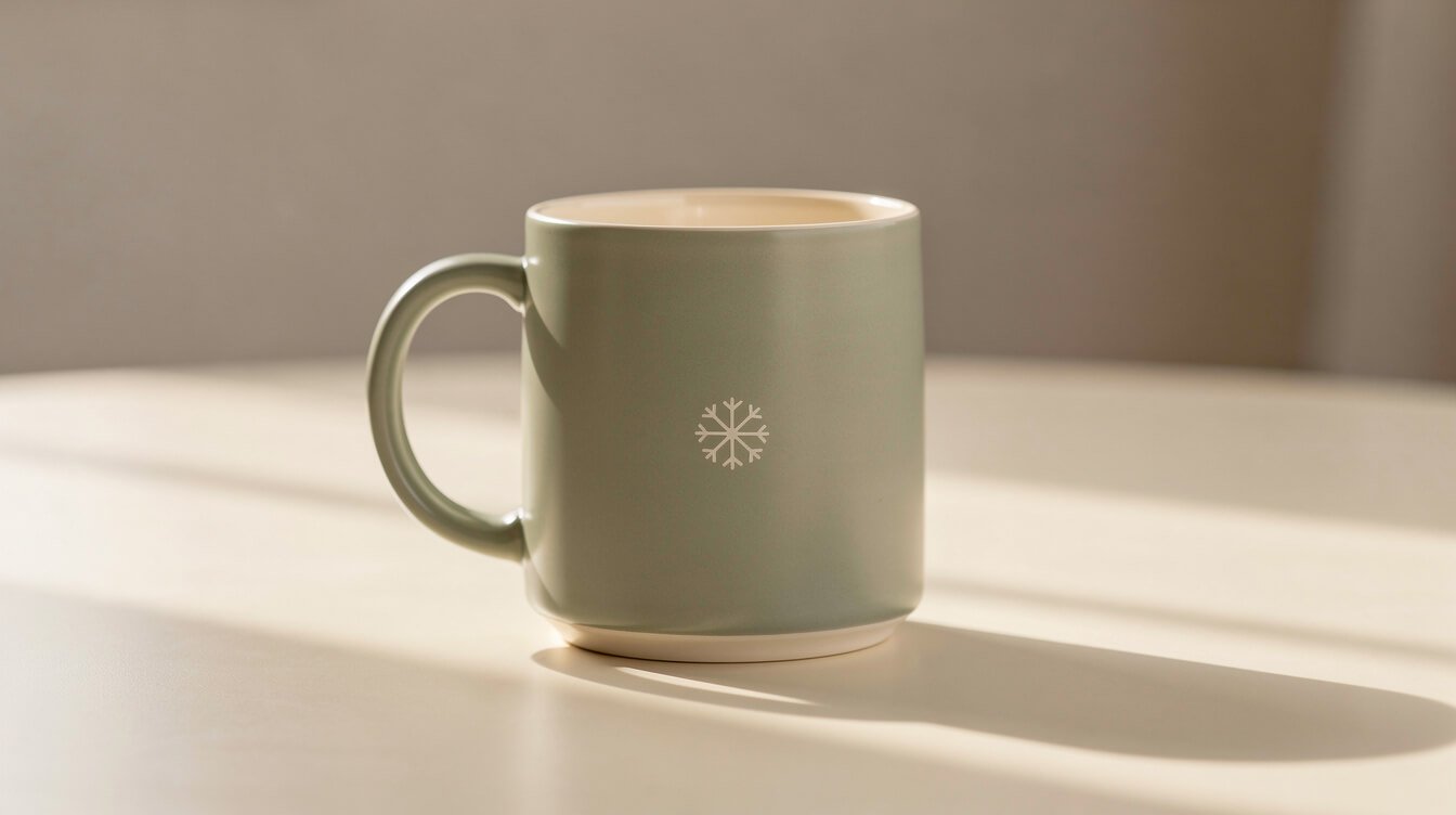 a tasteful minimalist cute Christmas mug in sage and cream with a small snowflake