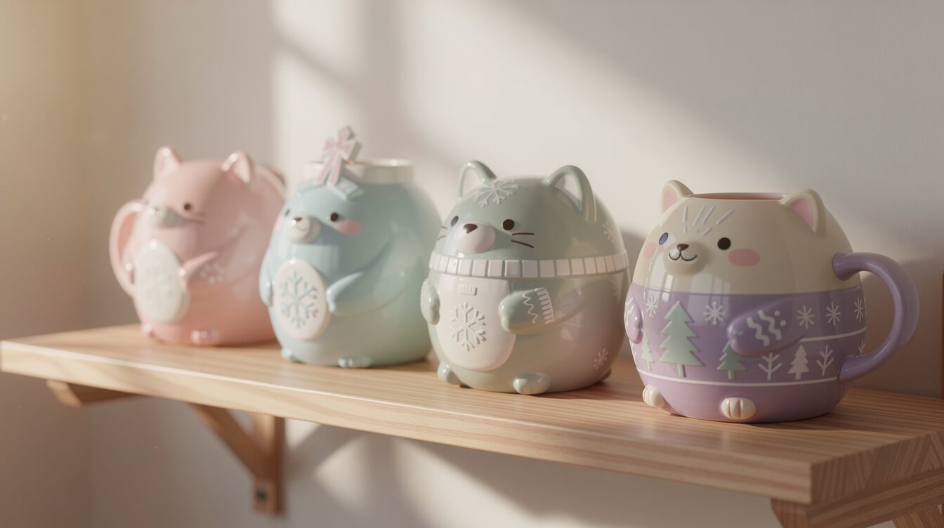 a shelf of several different cute Christmas mugs in pastel colors