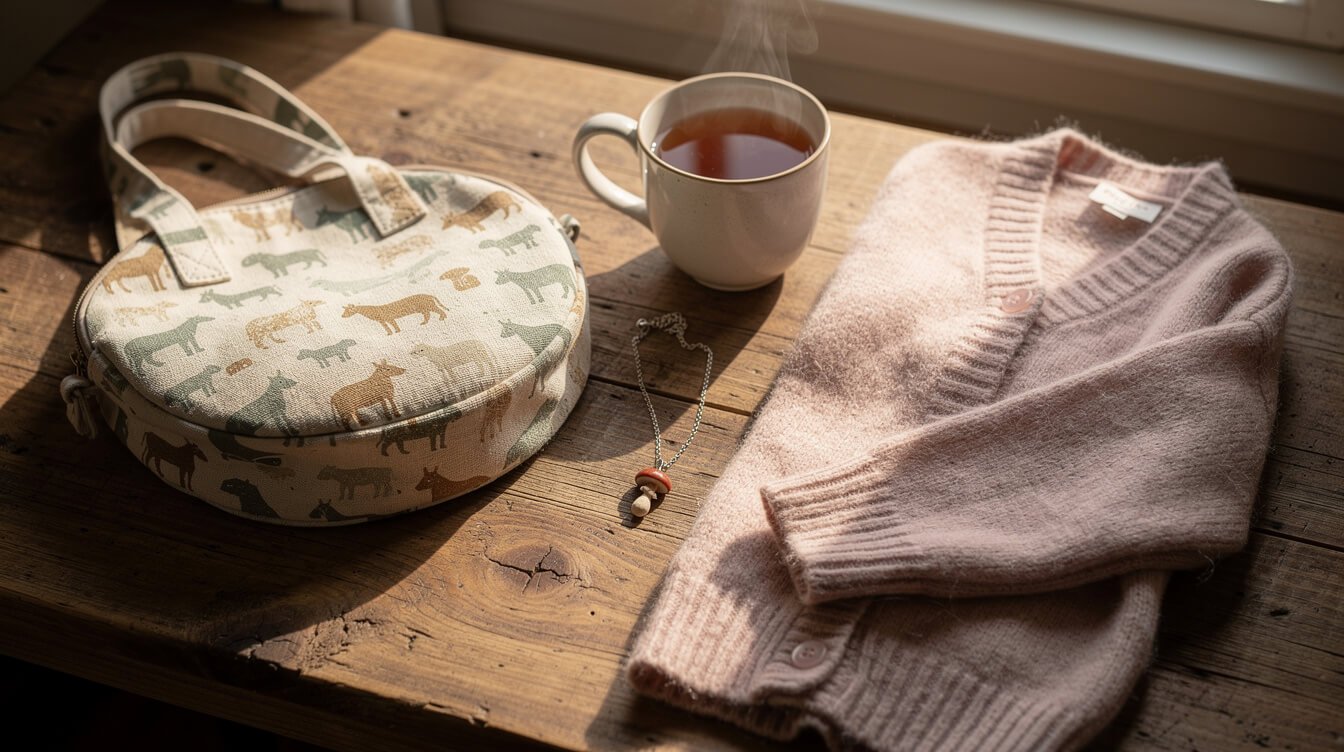 cottagecore accessories including a tote bag and a mug of tea