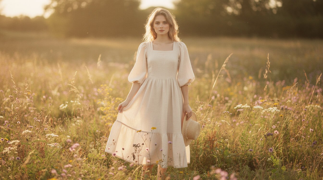 woman wearing a cottagecore aesthetic outfit in a meadow