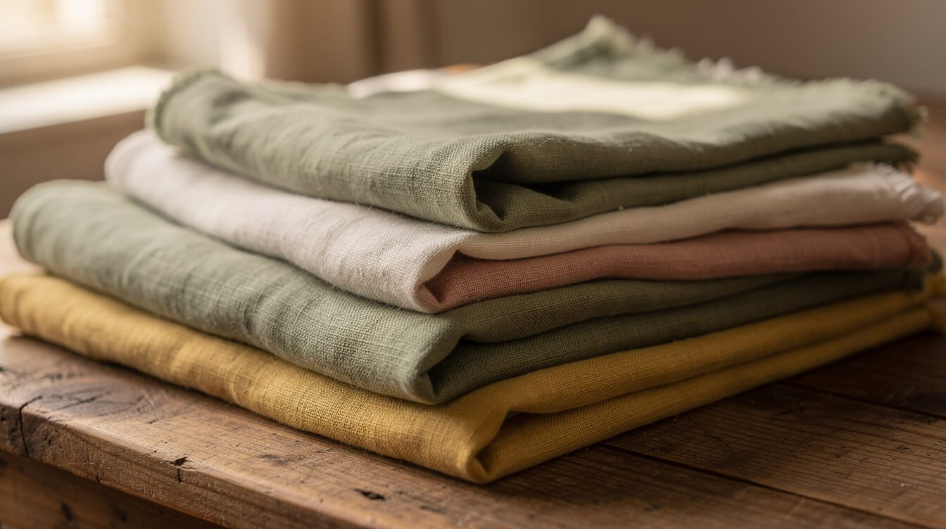 soft cottagecore color palette and natural fabric swatches