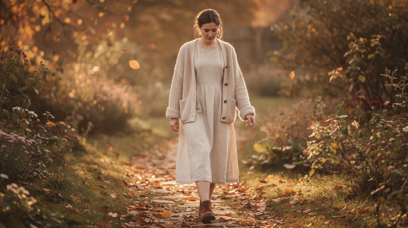 cottagecore aesthetic outfit for autumn with a knit cardigan