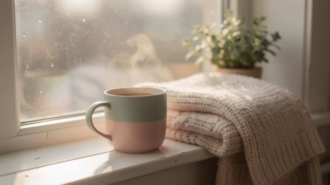 a pastel mug of tea on a windowsill, a cozy morning scene