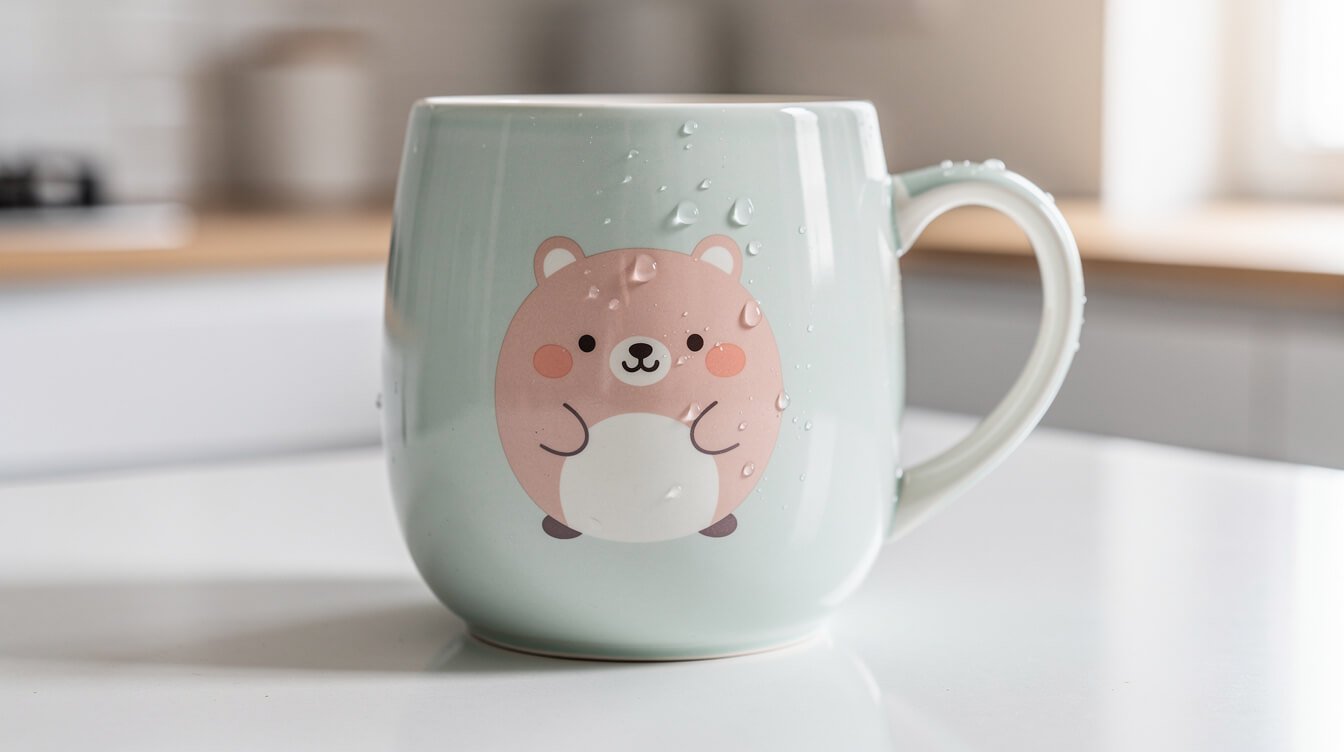 close up of a glazed pastel ceramic mug with a cute animal print