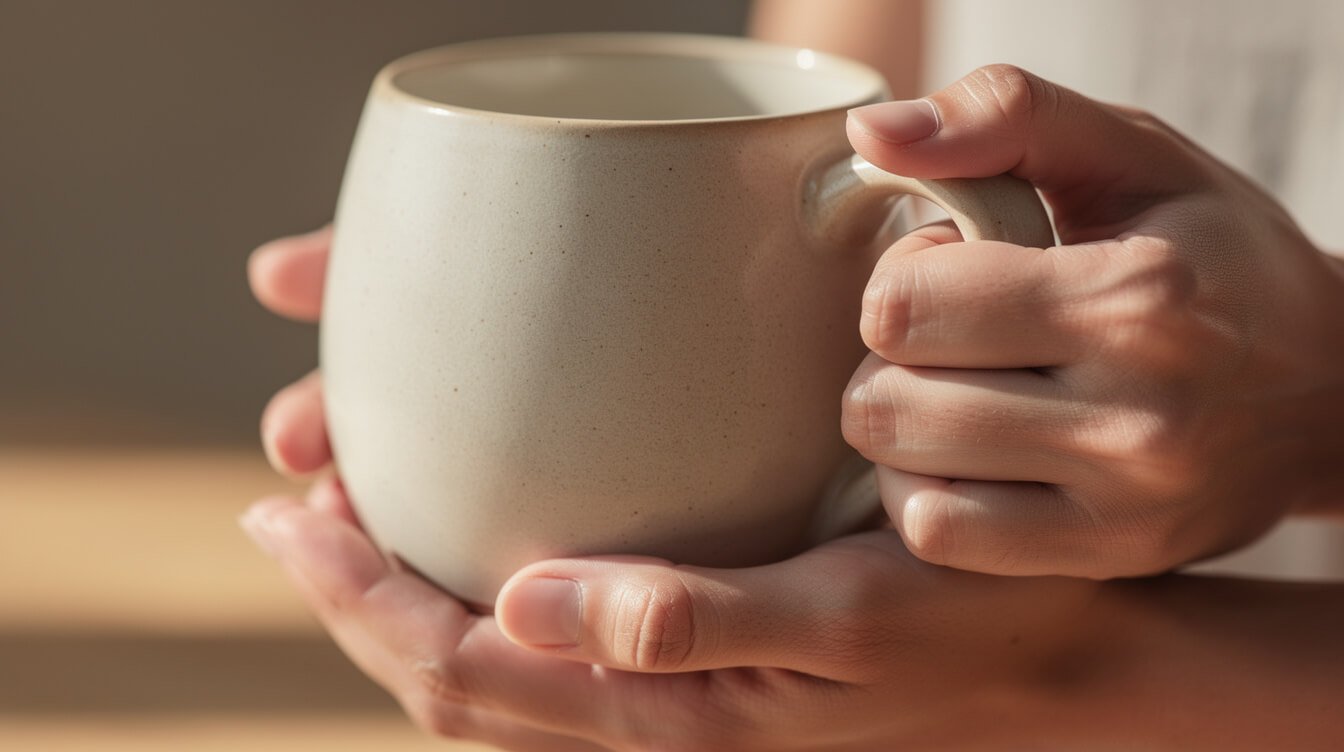 two hands cradling a well made rounded ceramic mug