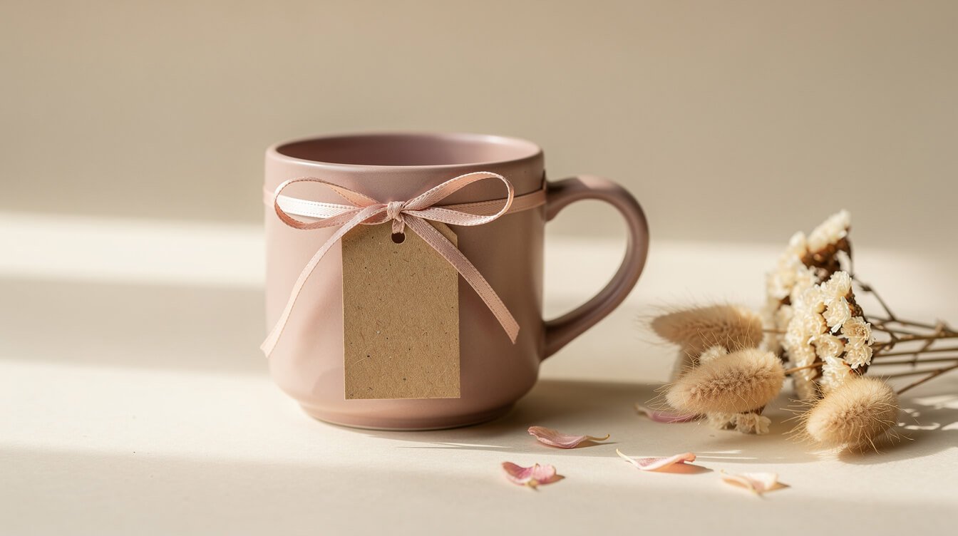 a pastel mug tied with a ribbon and a handwritten tag, a small gift