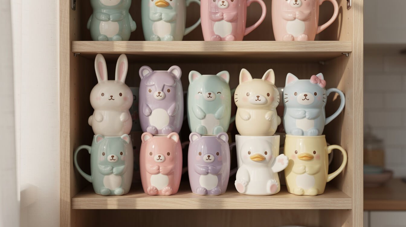 a tidy shelf of cute pastel mugs neatly arranged in a cozy kitchen
