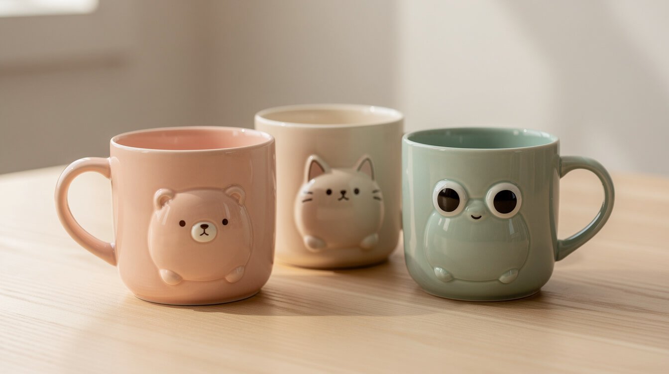 a trio of pastel mugs with soft round animal designs, a bear, a cat, and a frog