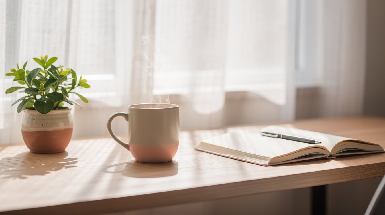 A cozy pastel work desk beside a sunny window with a steaming mug