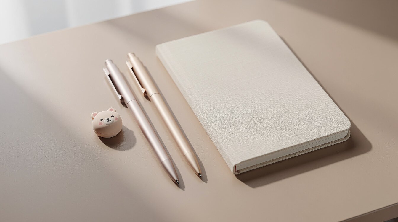 A minimal grown-up desk with one small cute accent