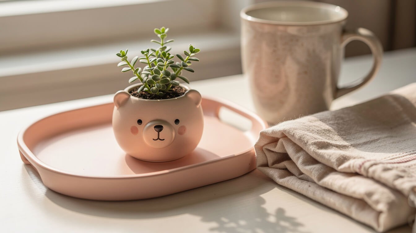 A small round animal figure and a warm mug on a pastel desk