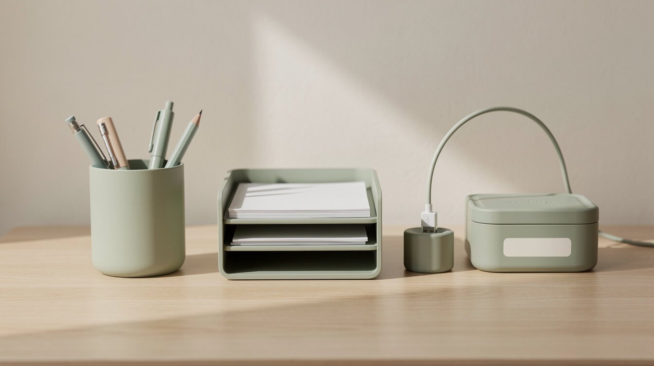 Pastel desk organizers keeping a workspace tidy