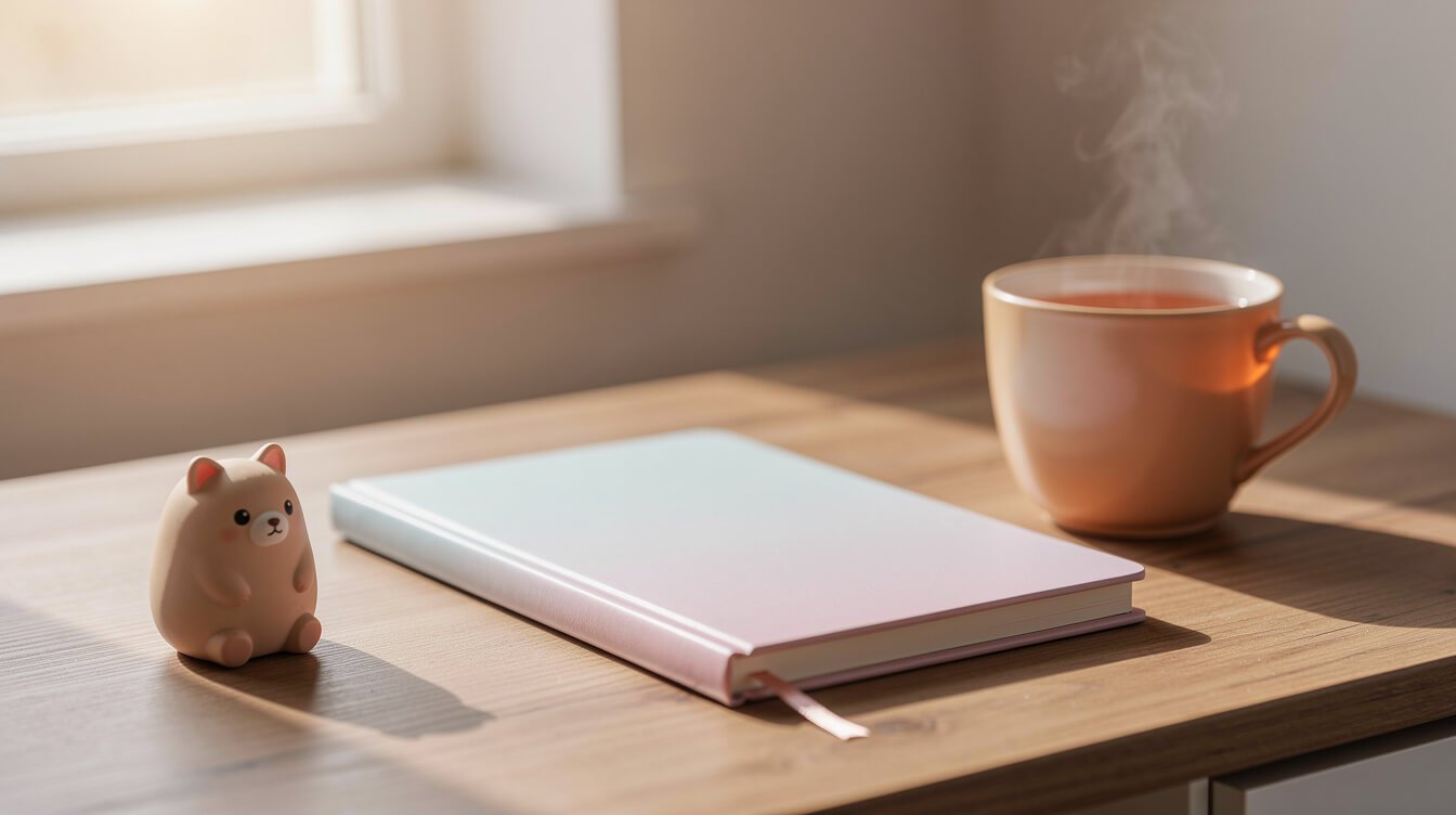A pastel notebook and warm mug on a cozy desk corner