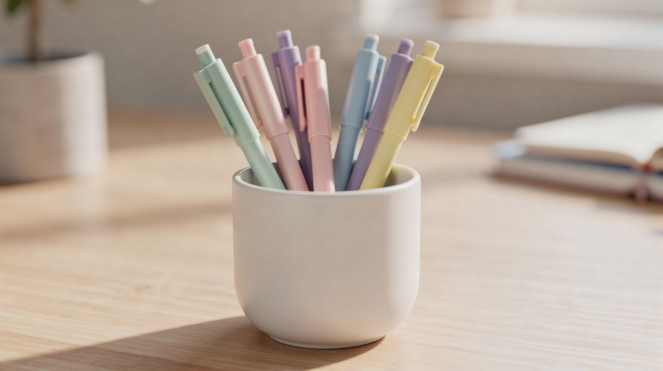 Cute pastel gel pens in a small ceramic cup
