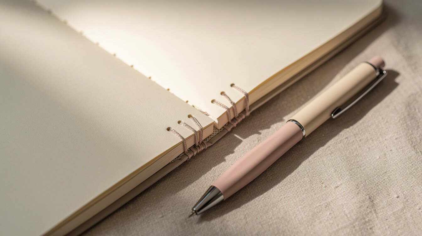 A lay-flat notebook with a sewn spine and a refillable pen