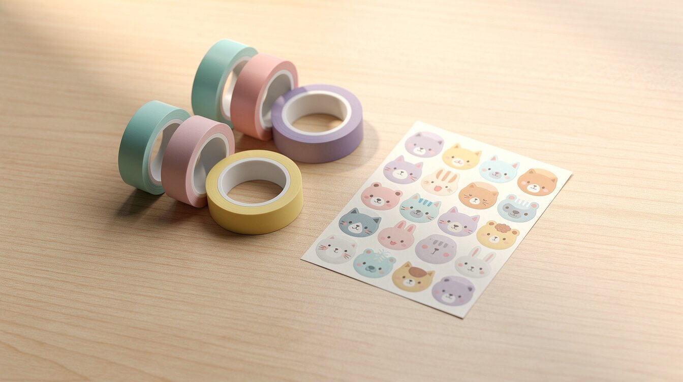 Pastel washi tape and round animal stickers on a desk