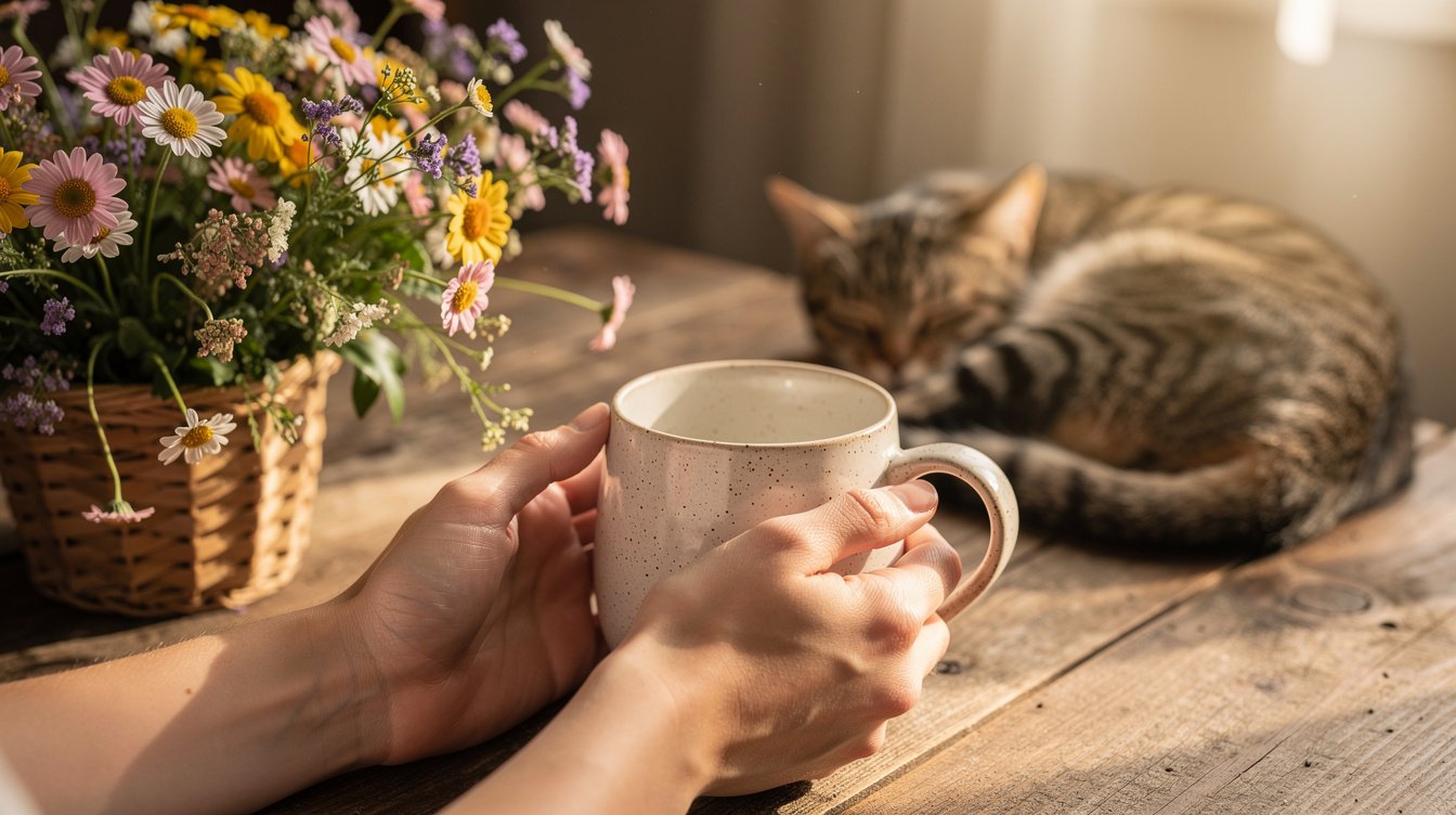 Hands holding a warm mug beside a basket of wildflowers and a sleeping cat