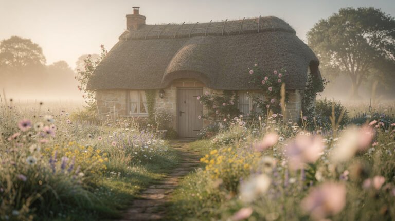 A cozy stone cottage in a wildflower meadow at golden hour, cottagecore aesthetic