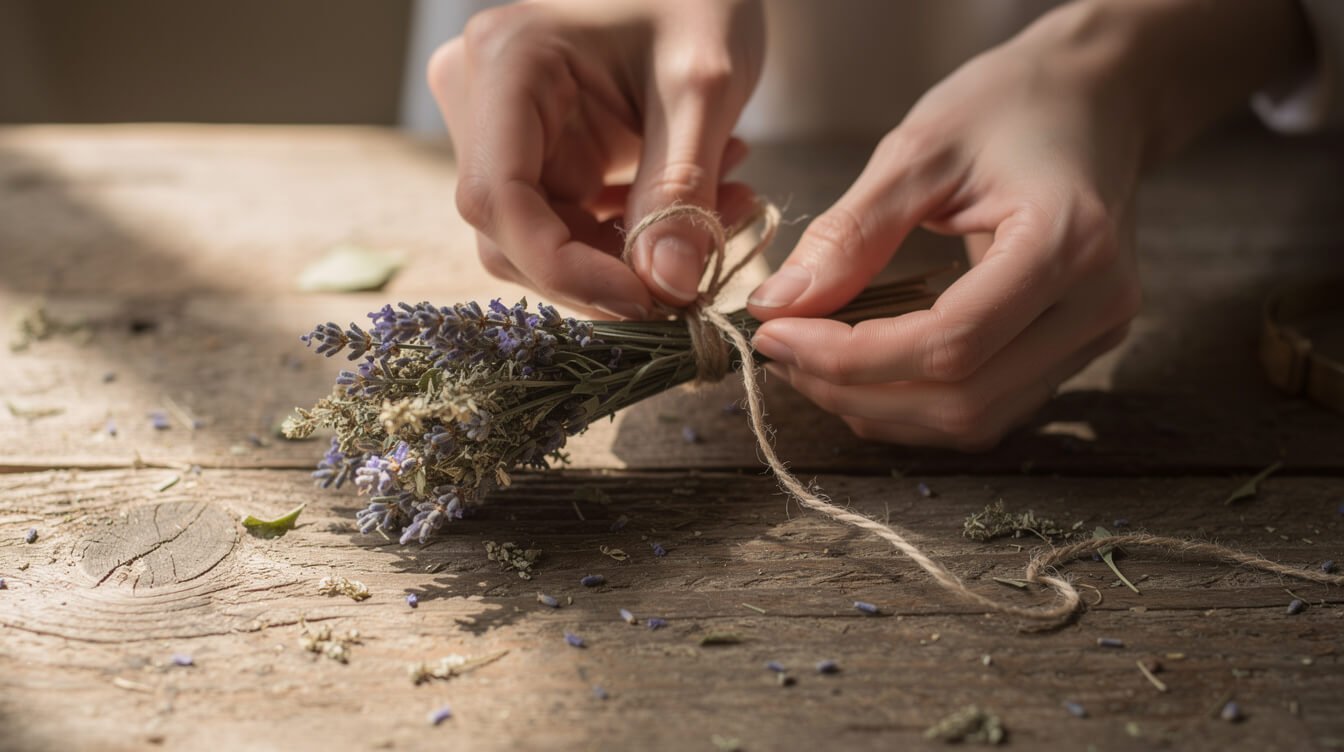 hands tying a small bundle of dried herbs with twine on a wooden table