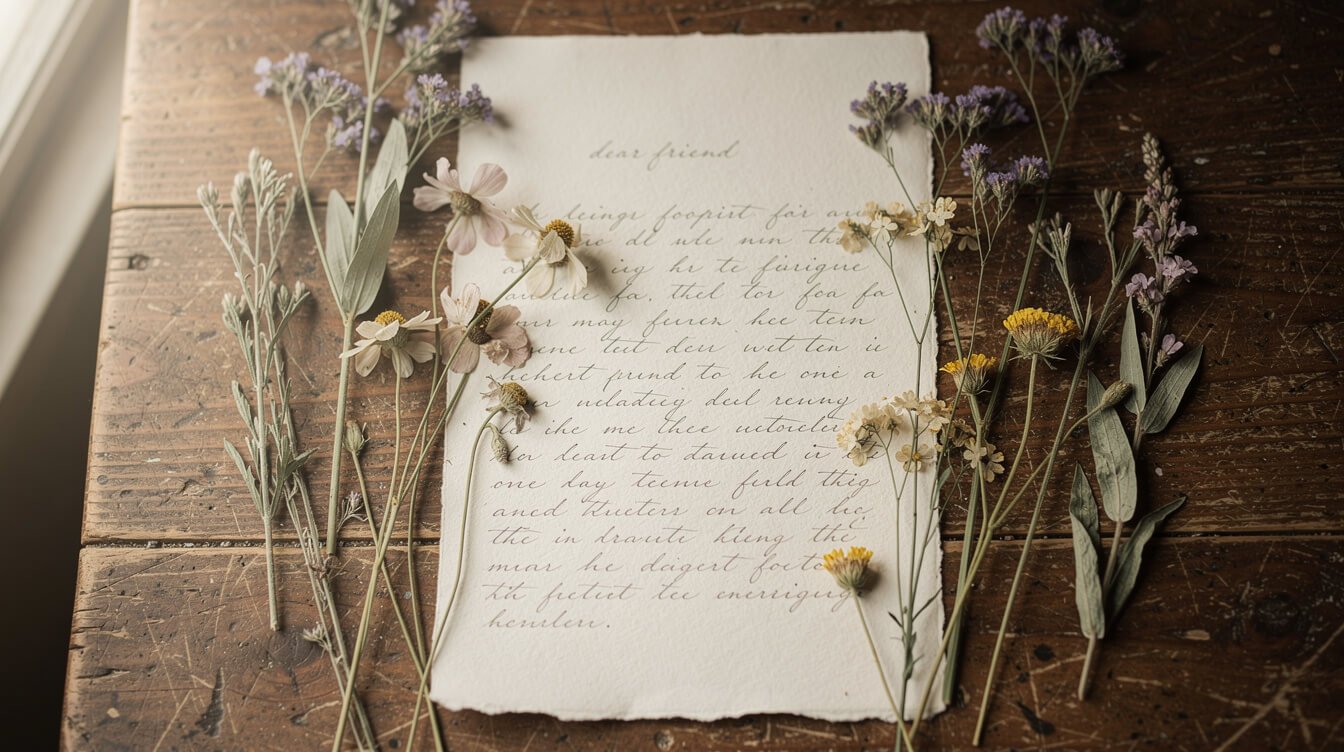 pressed wildflowers and a handwritten letter on a wooden table, cottagecore gift ideas
