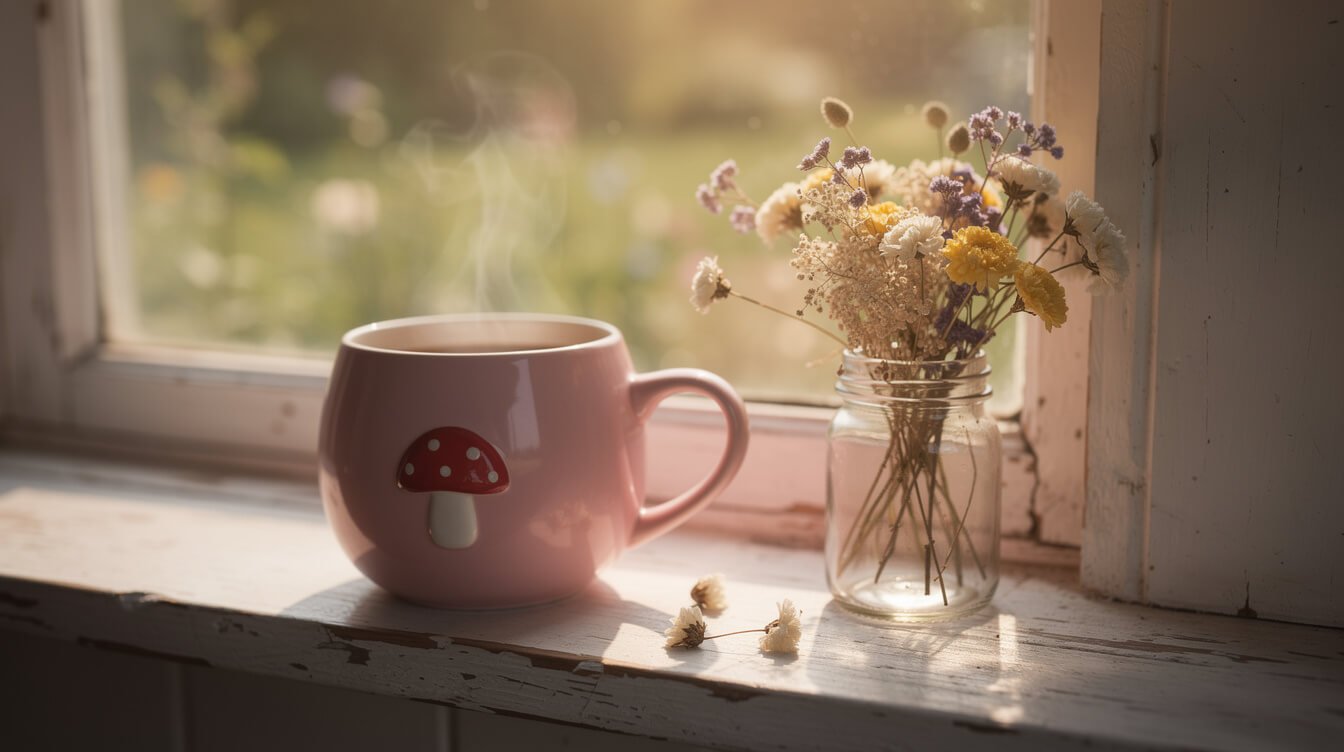 a round pastel mug on a windowsill with steam rising and dried flowers nearby