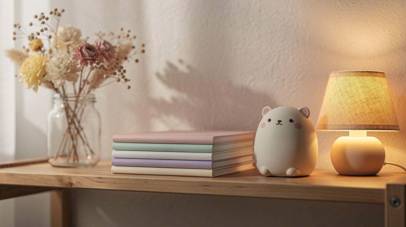 a cozy shelf with pastel stationery, a soft round animal figurine, and a jar of dried flowers