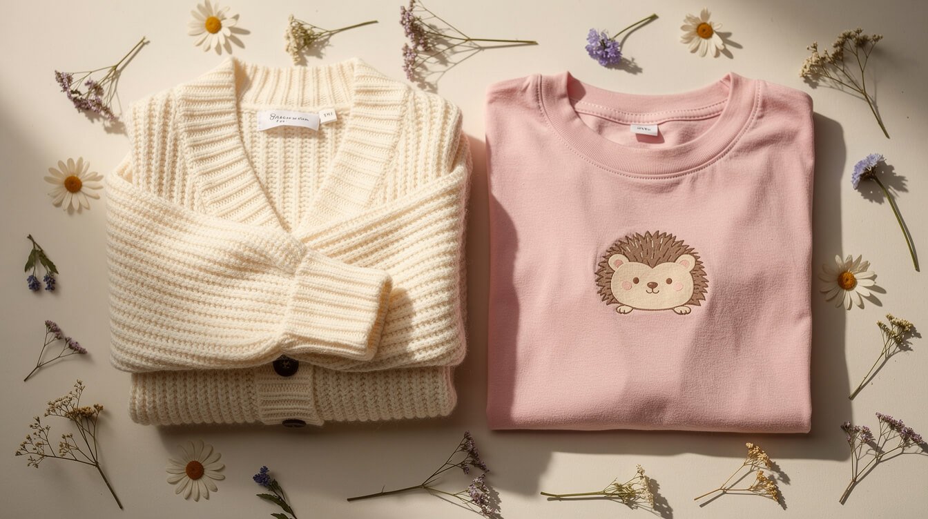 a folded cream cardigan next to a pastel hedgehog print t-shirt with dried flowers scattered nearby