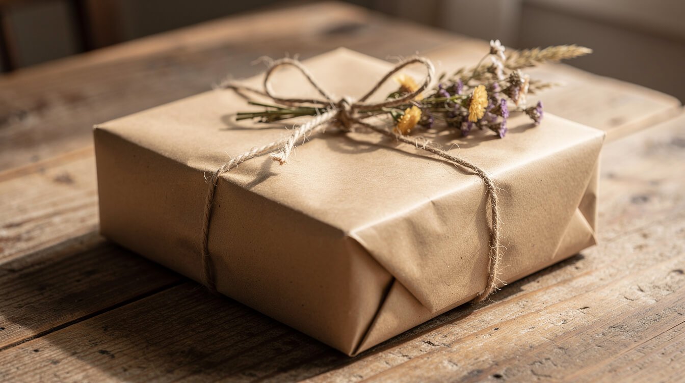 a gift wrapped in kraft paper and twine with a sprig of dried flowers tucked under the bow