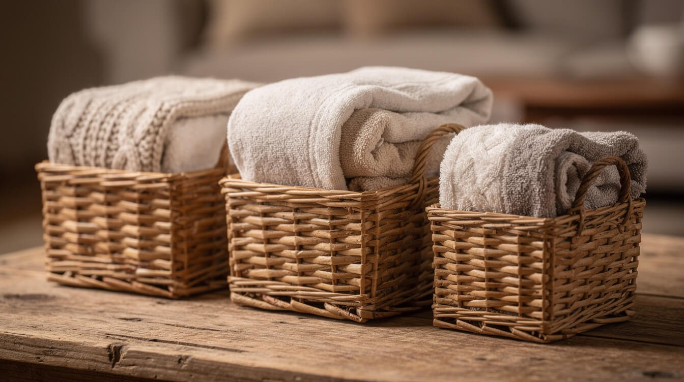 Three small gift baskets of different sizes showing budget-friendly, mid-range, and generous cozy gift options