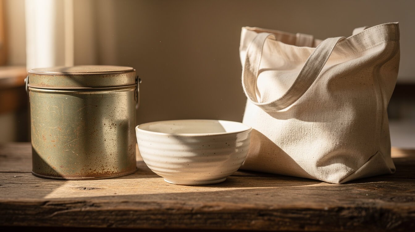 Vintage tin, ceramic bowl, and tote bag used as alternative containers for a cozy gift basket