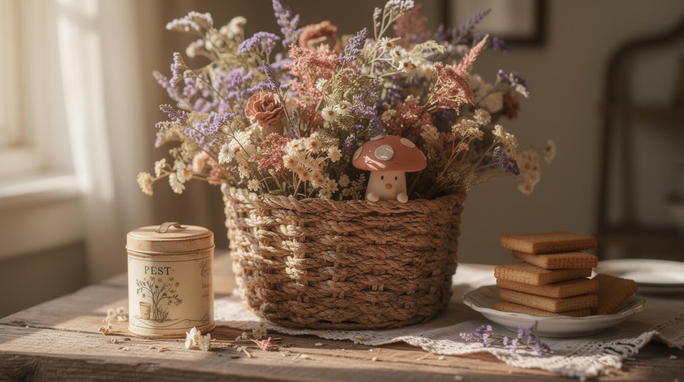 Cottagecore-themed cozy gift basket with wildflowers, herbal tea, and a mushroom trinket