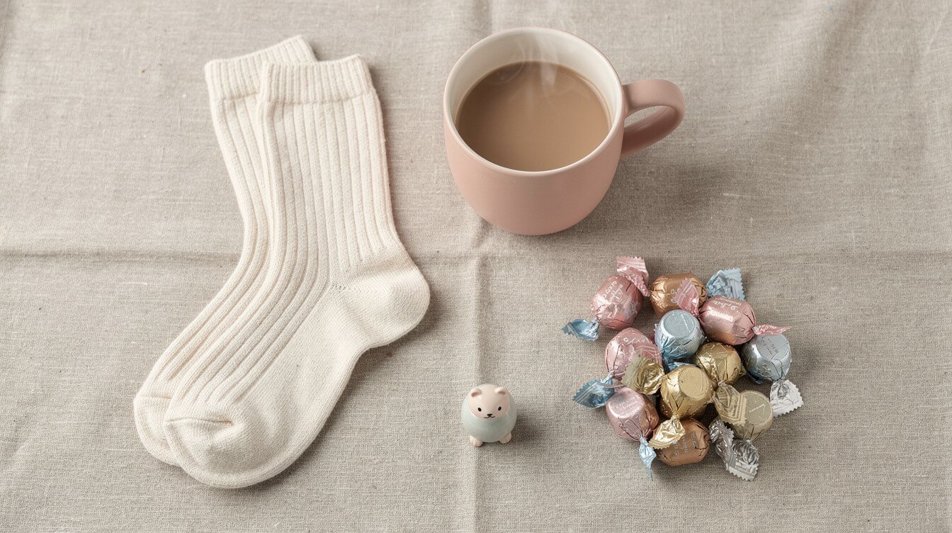 Flat lay of soft socks, warm mug, small sweets, and a tiny figurine representing the four layers of a cozy gift basket