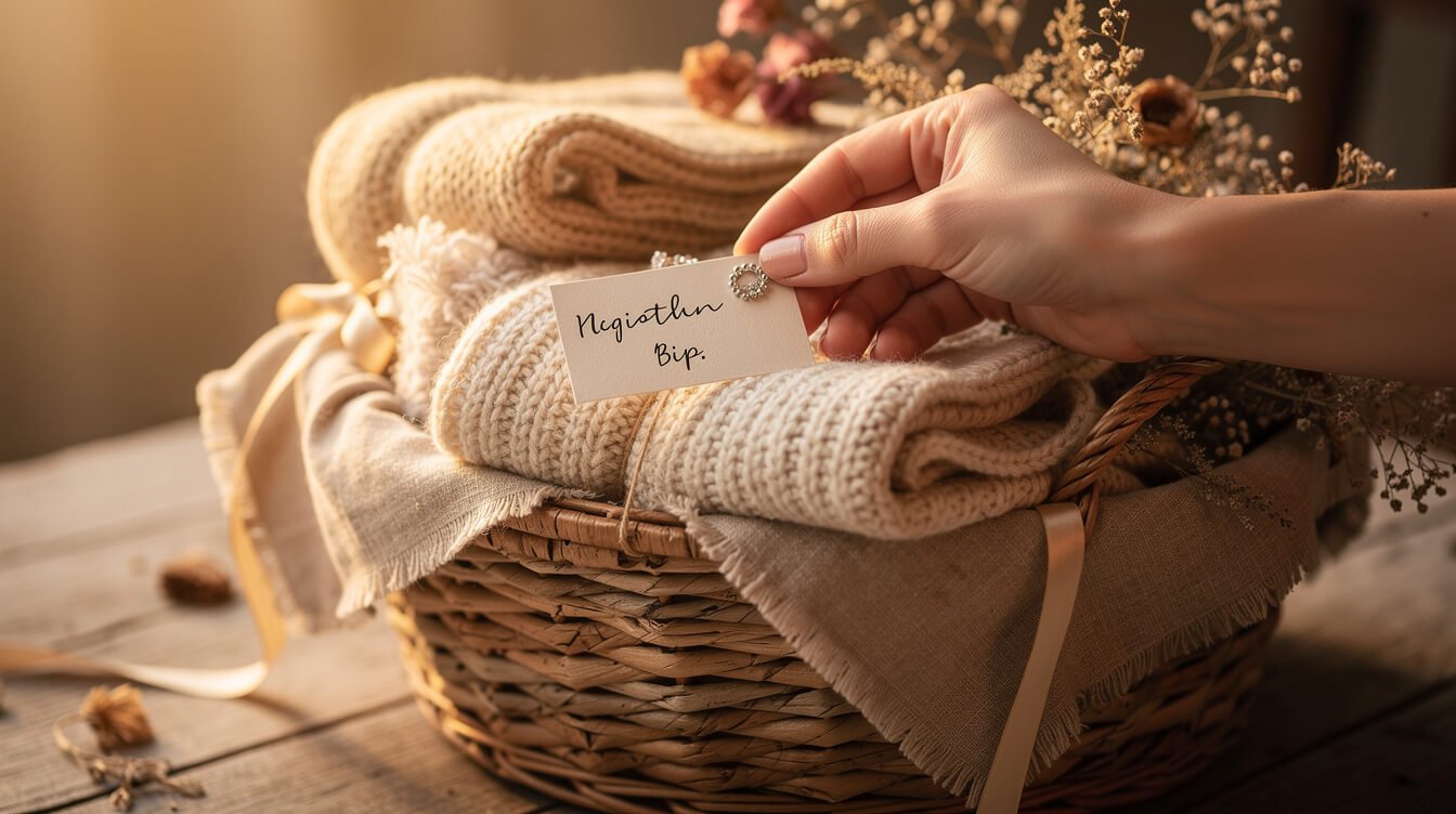 Hand adding a personalized note and small trinket to a cozy gift basket, warm natural lighting
