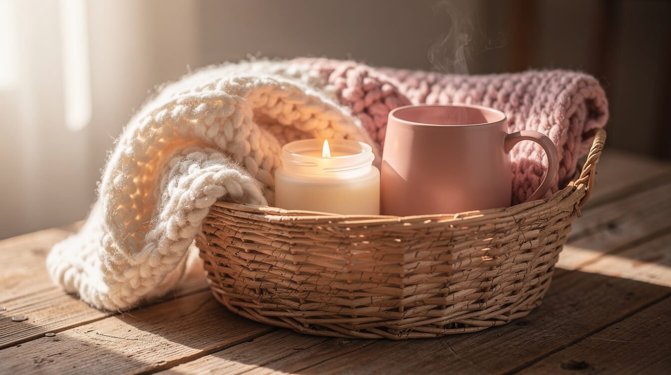 Soft cozy gift basket with a knit blanket, candle, and mug arranged on a wooden table