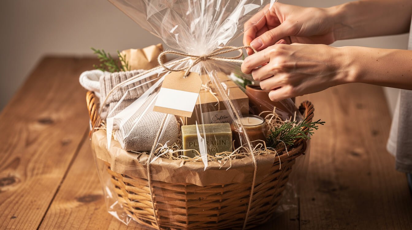Cozy gift basket being wrapped with cellophane, twine, and a handwritten tag