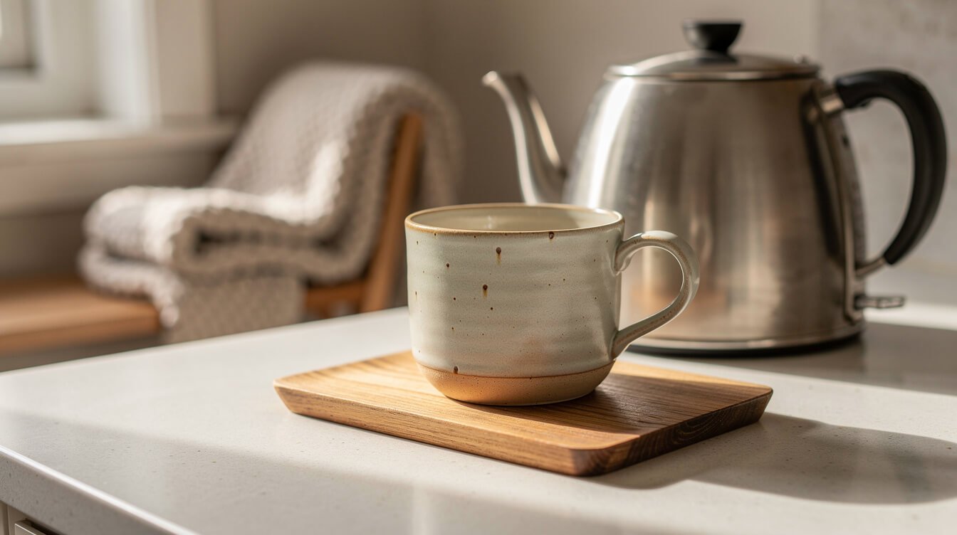 cozy morning ritual with a cottagecore mug and kettle