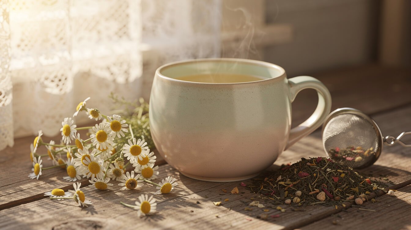 loose leaf tea steeping beside a cottagecore mug