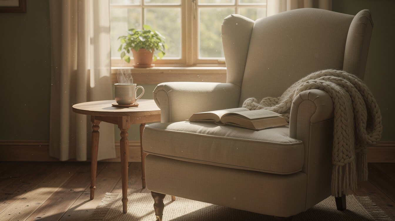 cozy reading nook with mug, book, and blanket