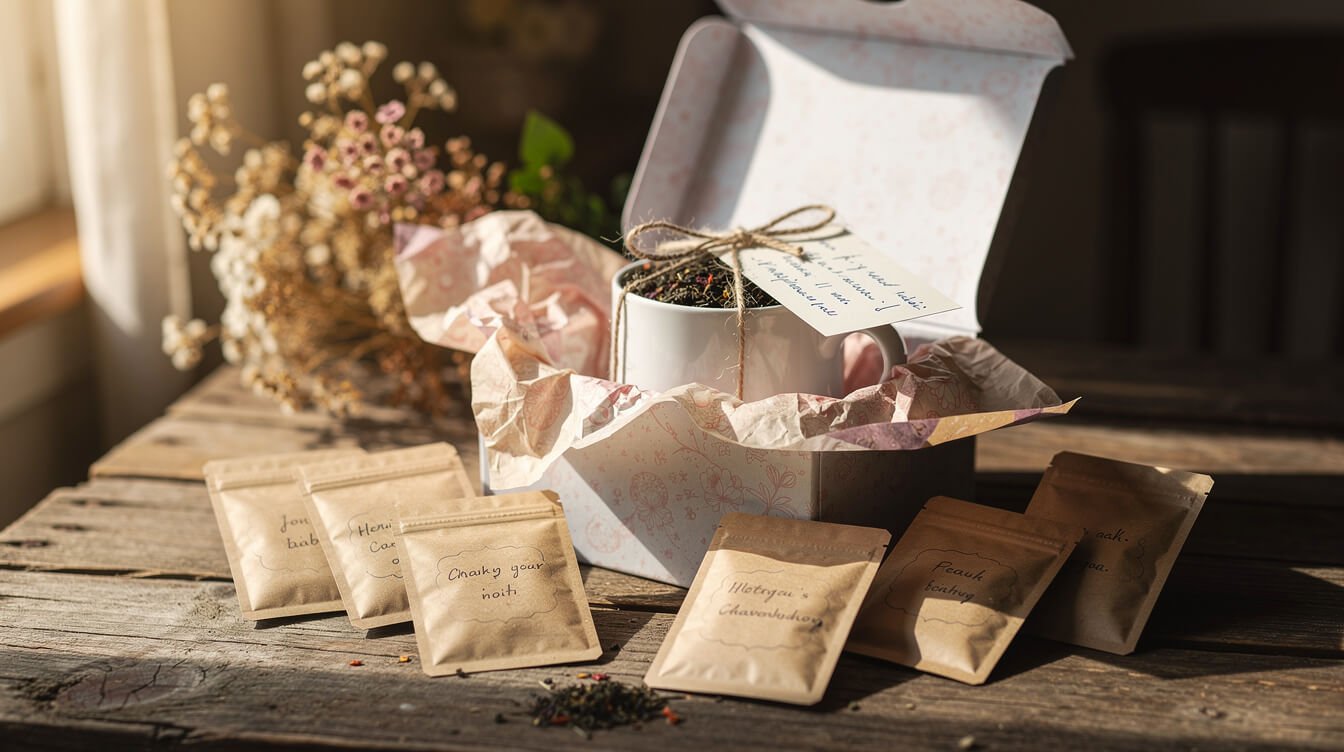 gift-wrapped cottagecore mug with tea sachets