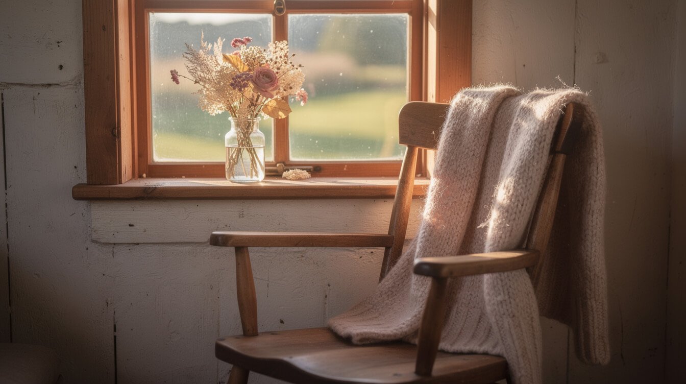 a cottage window with dried flowers and a soft cardigan in warm afternoon light
