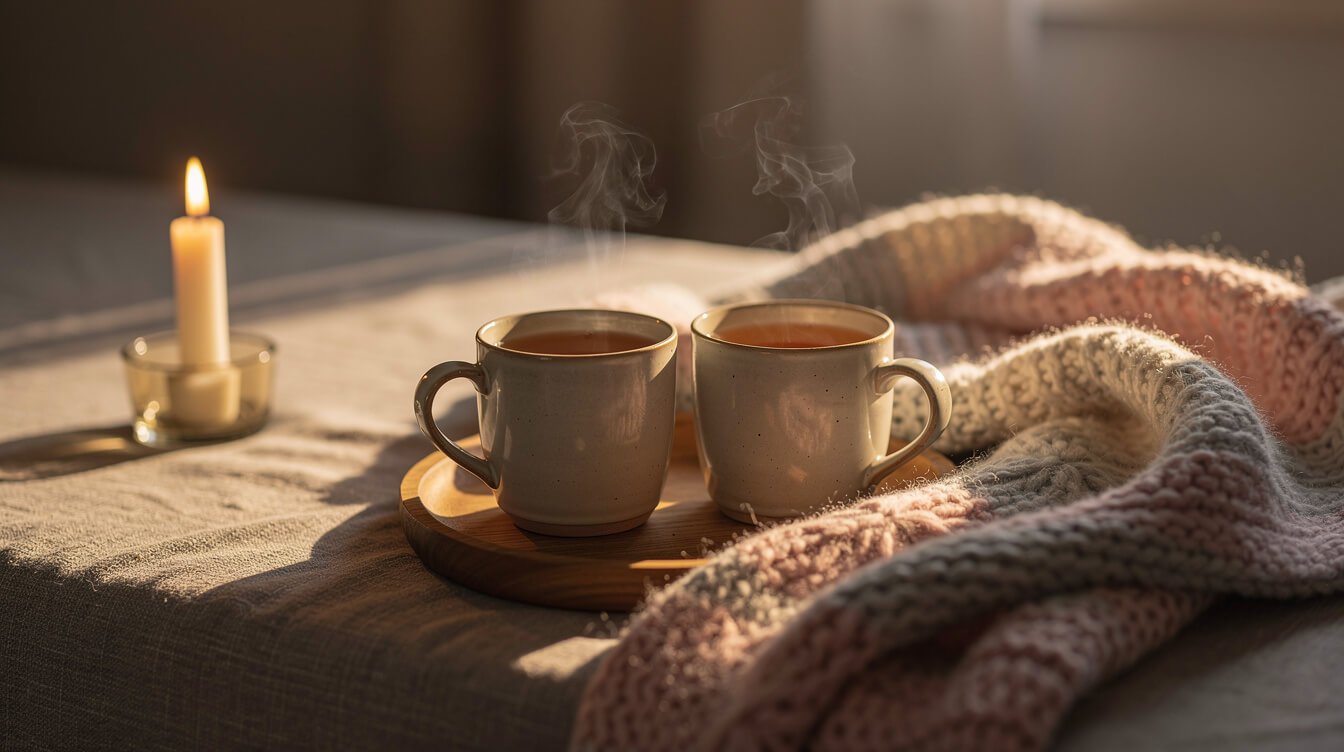 two mugs of tea and a soft blanket in warm evening light