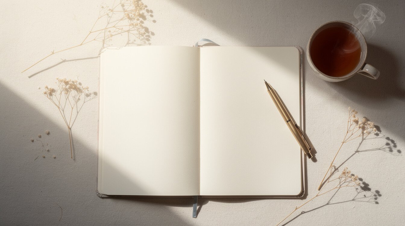 pastel stationery and a journal with a cup of tea in soft afternoon light