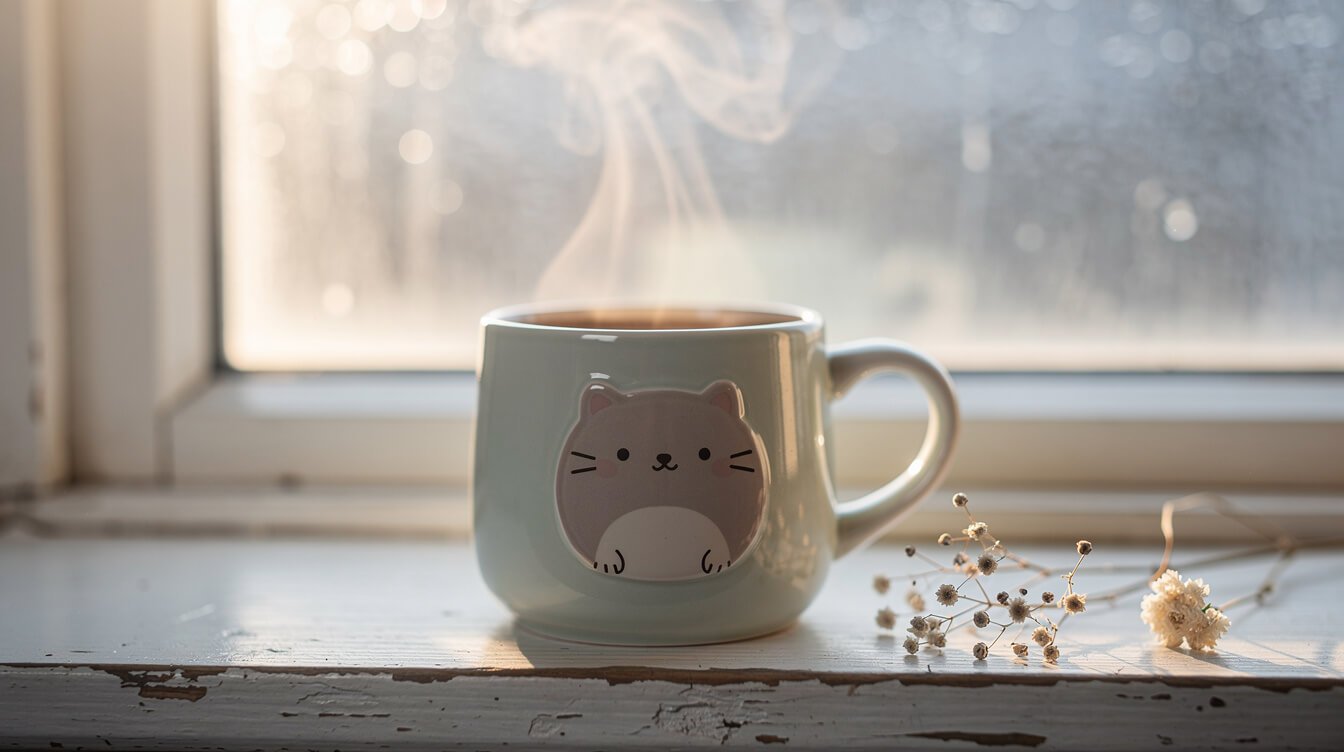 a steaming pastel mug with a round animal illustration on a sunny windowsill