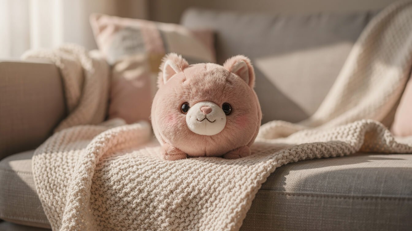 a round plush animal toy resting on a knit blanket