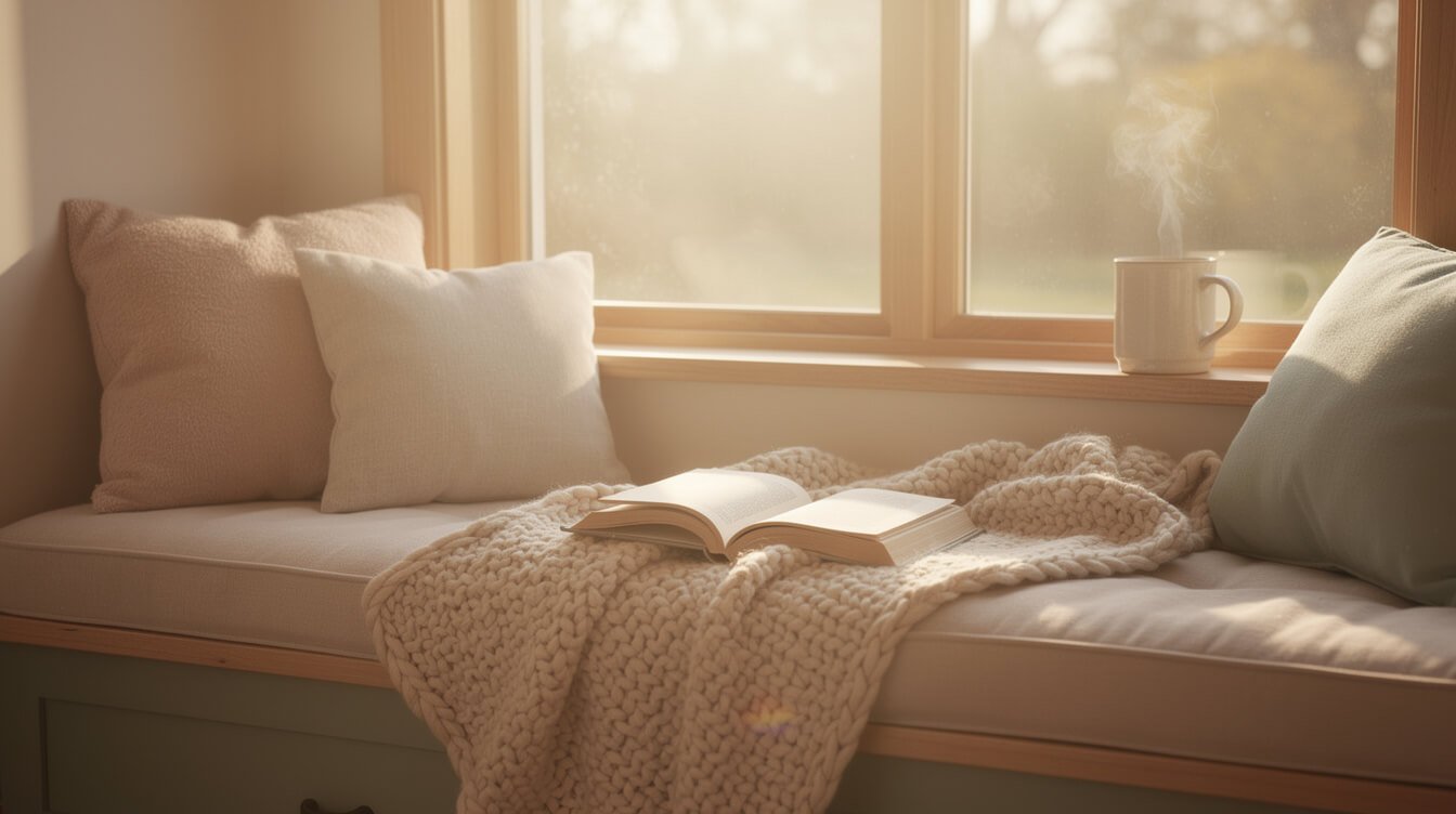 a cozy reading nook with a blanket and a mug of tea in soft window light