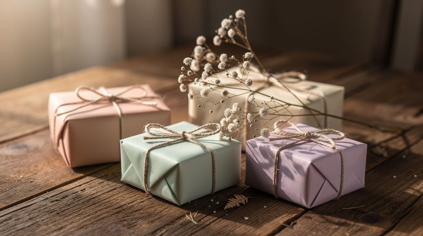 small wrapped gifts in soft pastel wrapping paper with twine bows