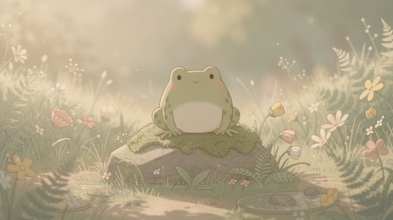 a round cartoon frog resting on a mossy rock in a soft pastel garden